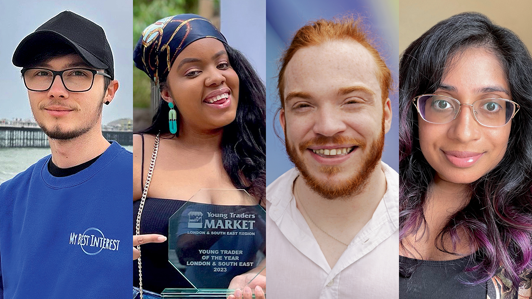 Left to right portrait images of the following people: Kian Lawn, Caprice-Kwai Ambersley, Charlie Randell and Alycia Hirani