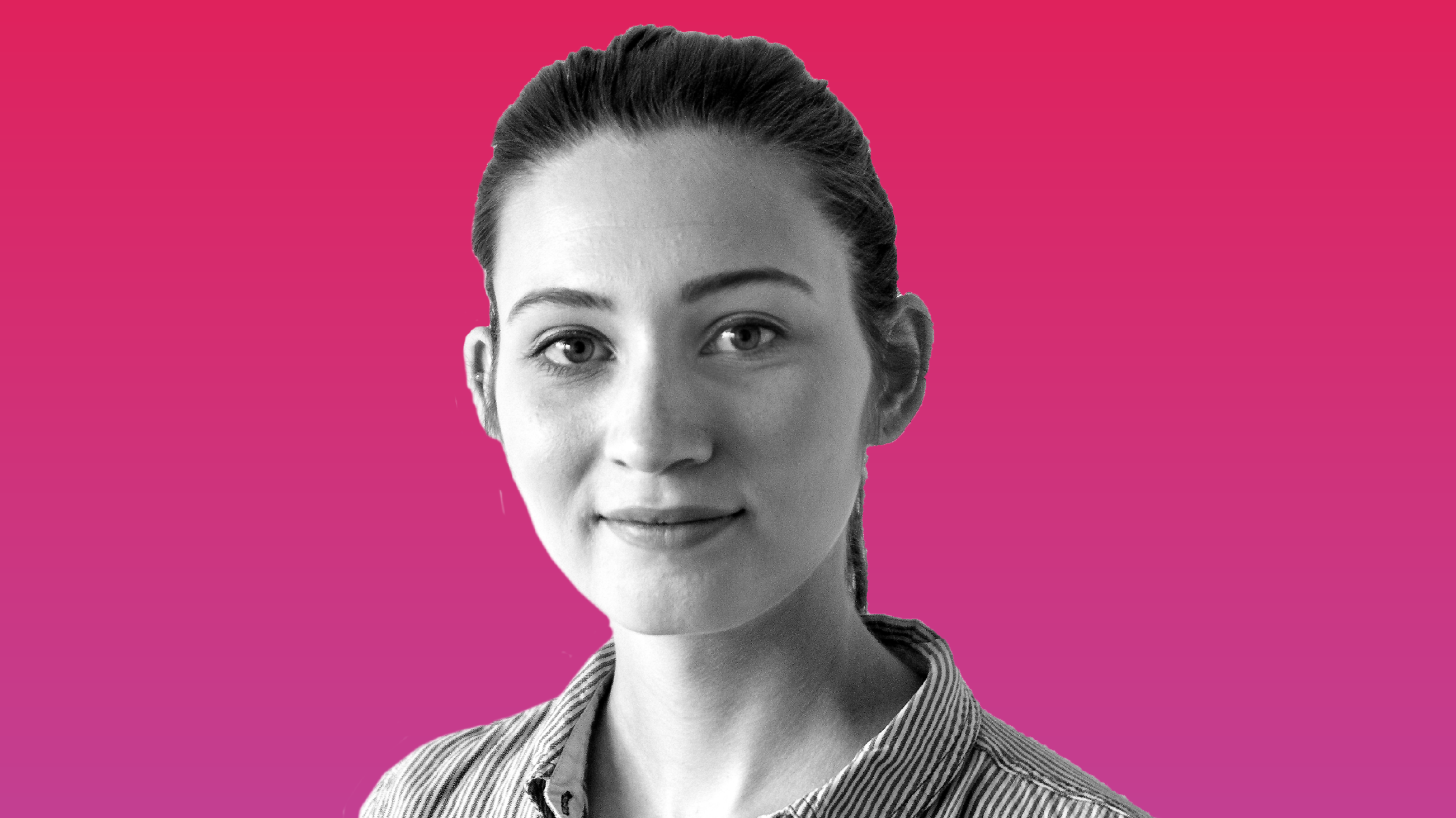 Photo of Catherine in front of a pink background