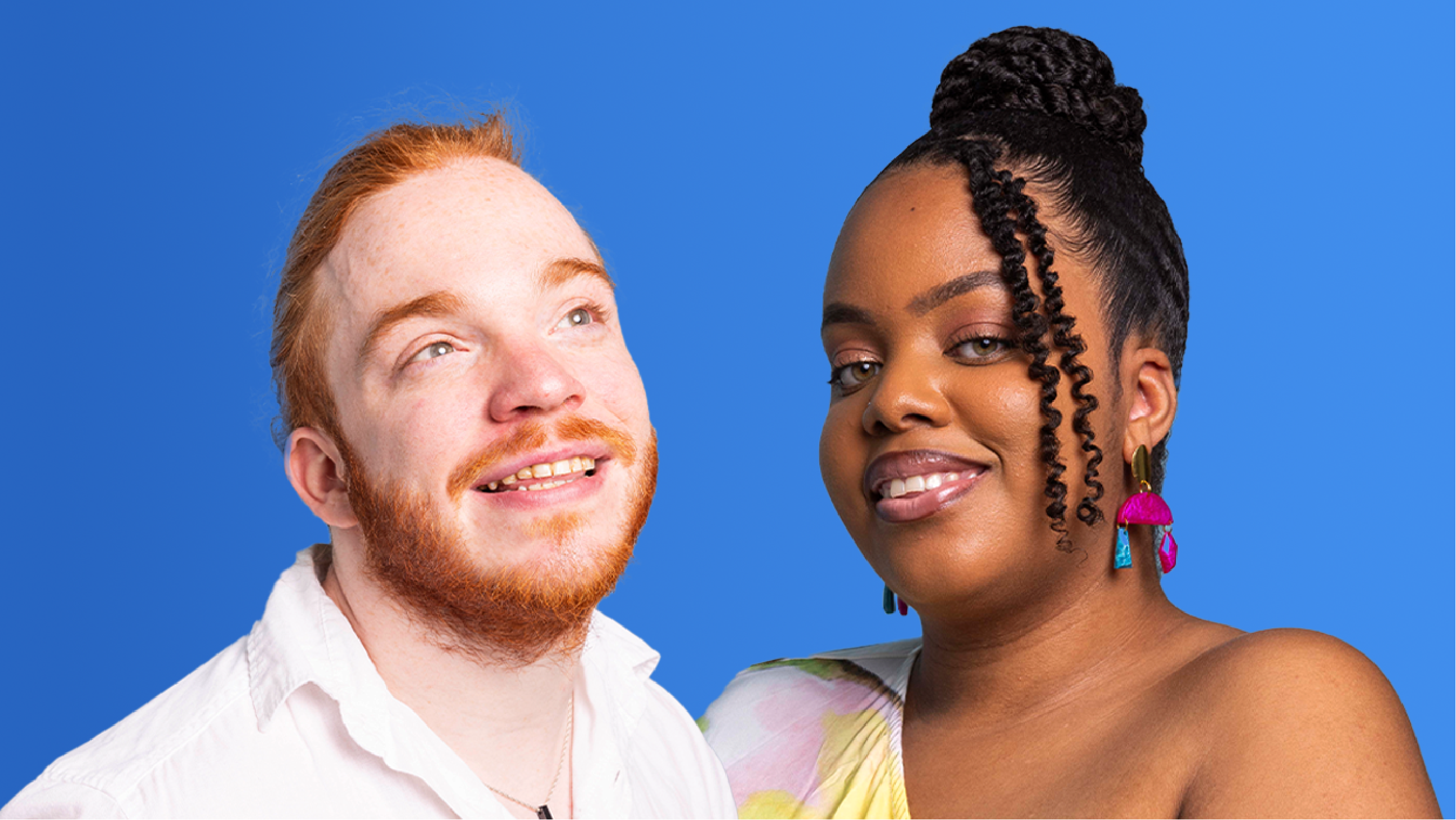 From left to right, a medium-close up of Charlie Randel and Caprice-Kwai Ambersley, shot in front of a blue background