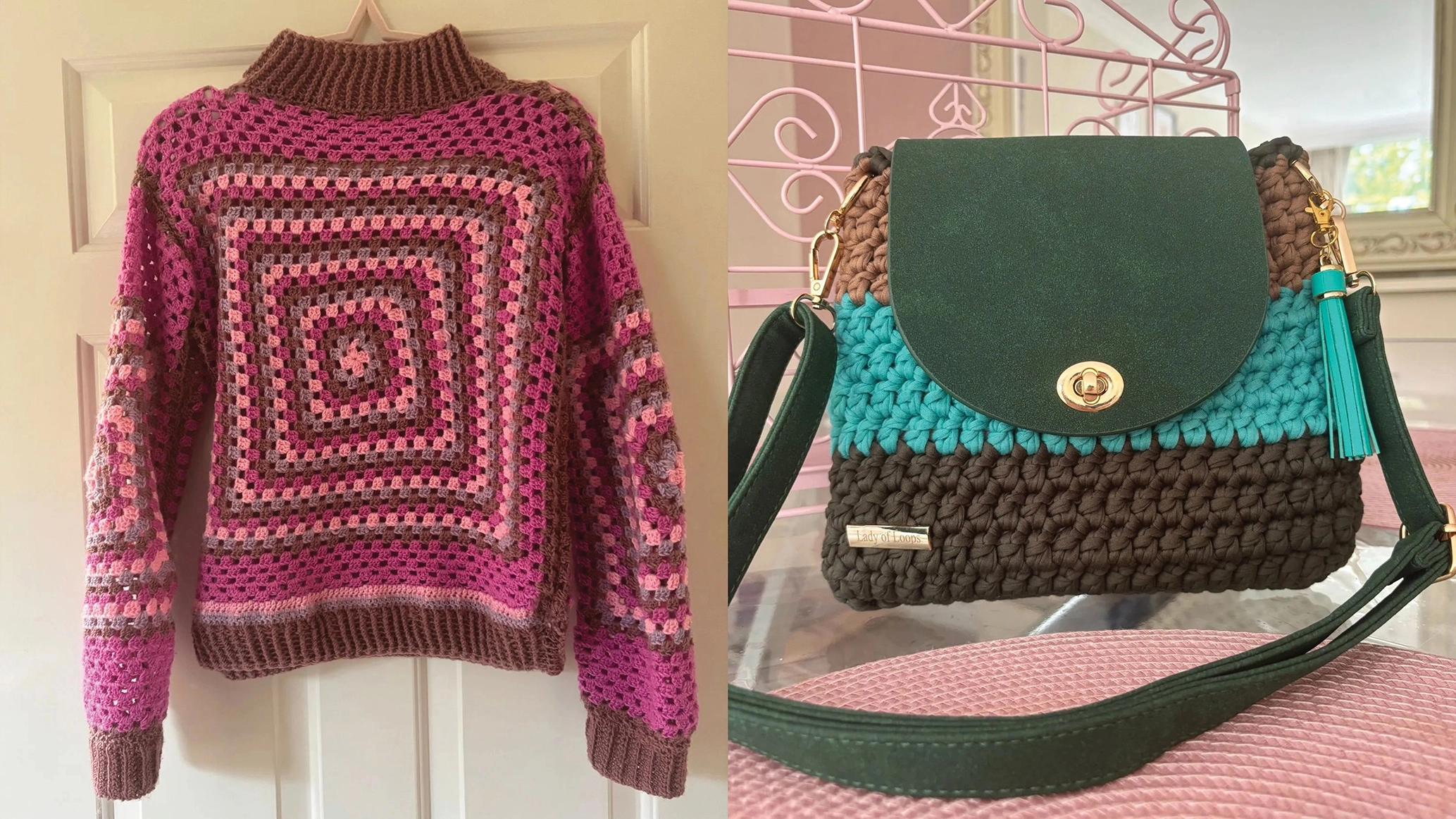 A knitted jumper and bag made by Daniela 