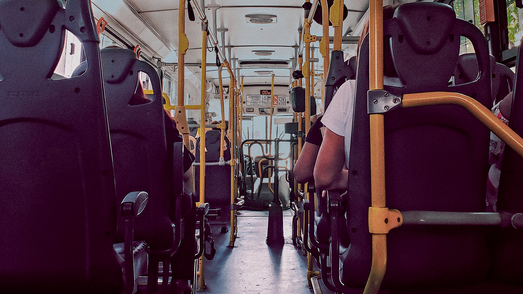 The interior of a public single-decker bus