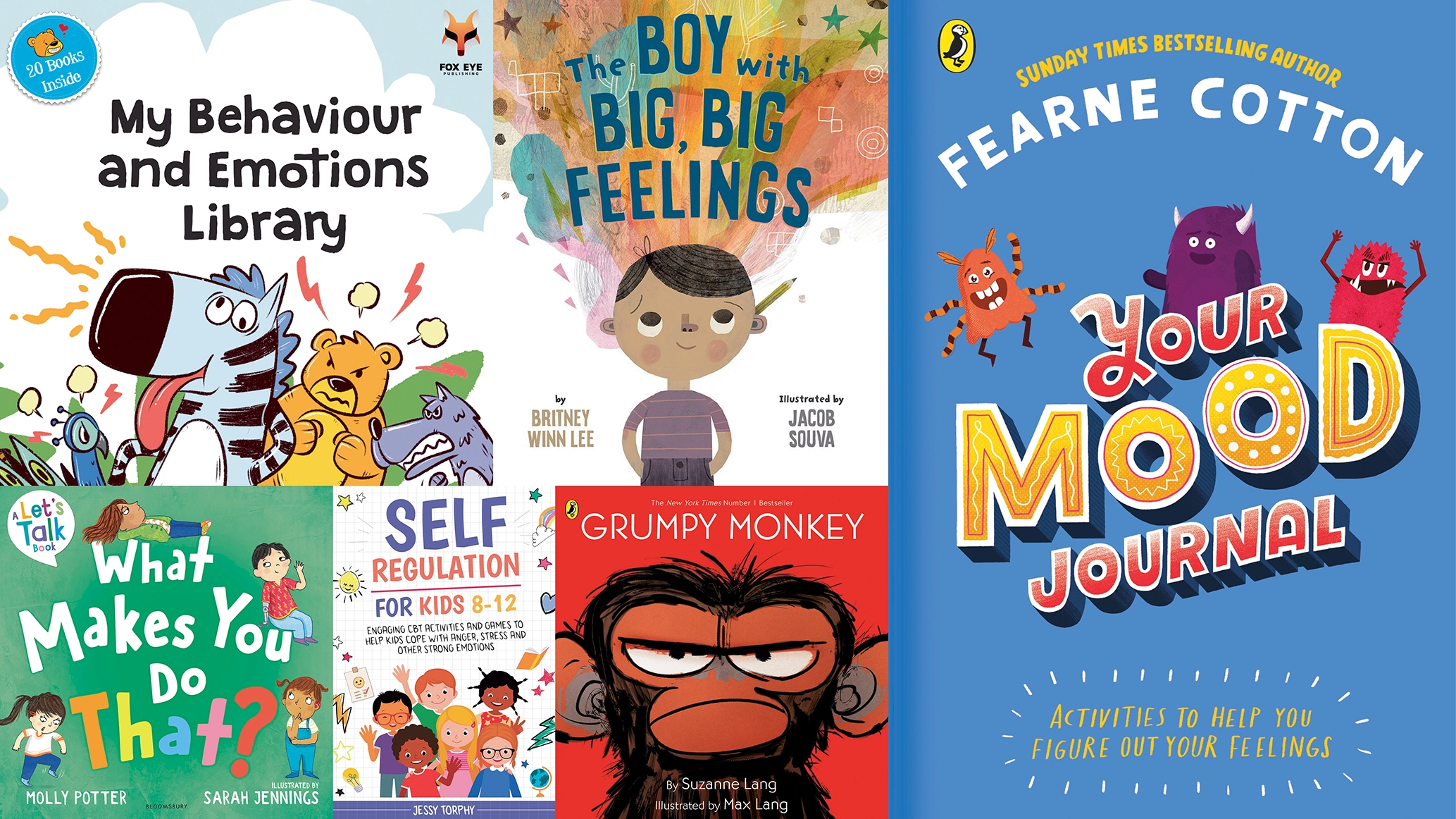 A collage of children's book covers focussing on managing emotions