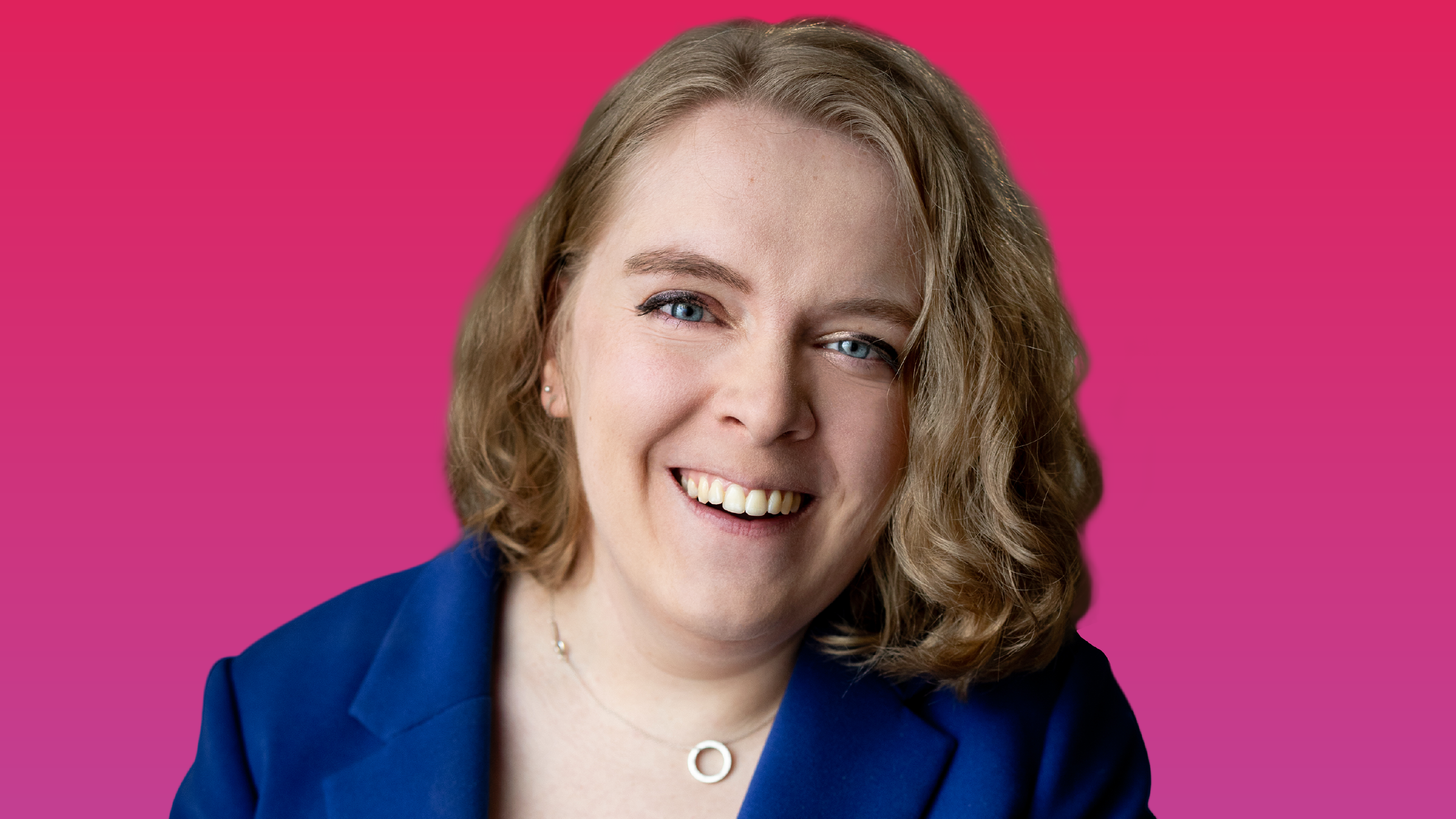 A portrait image of author and journalist Lucy Webster over a pink background
