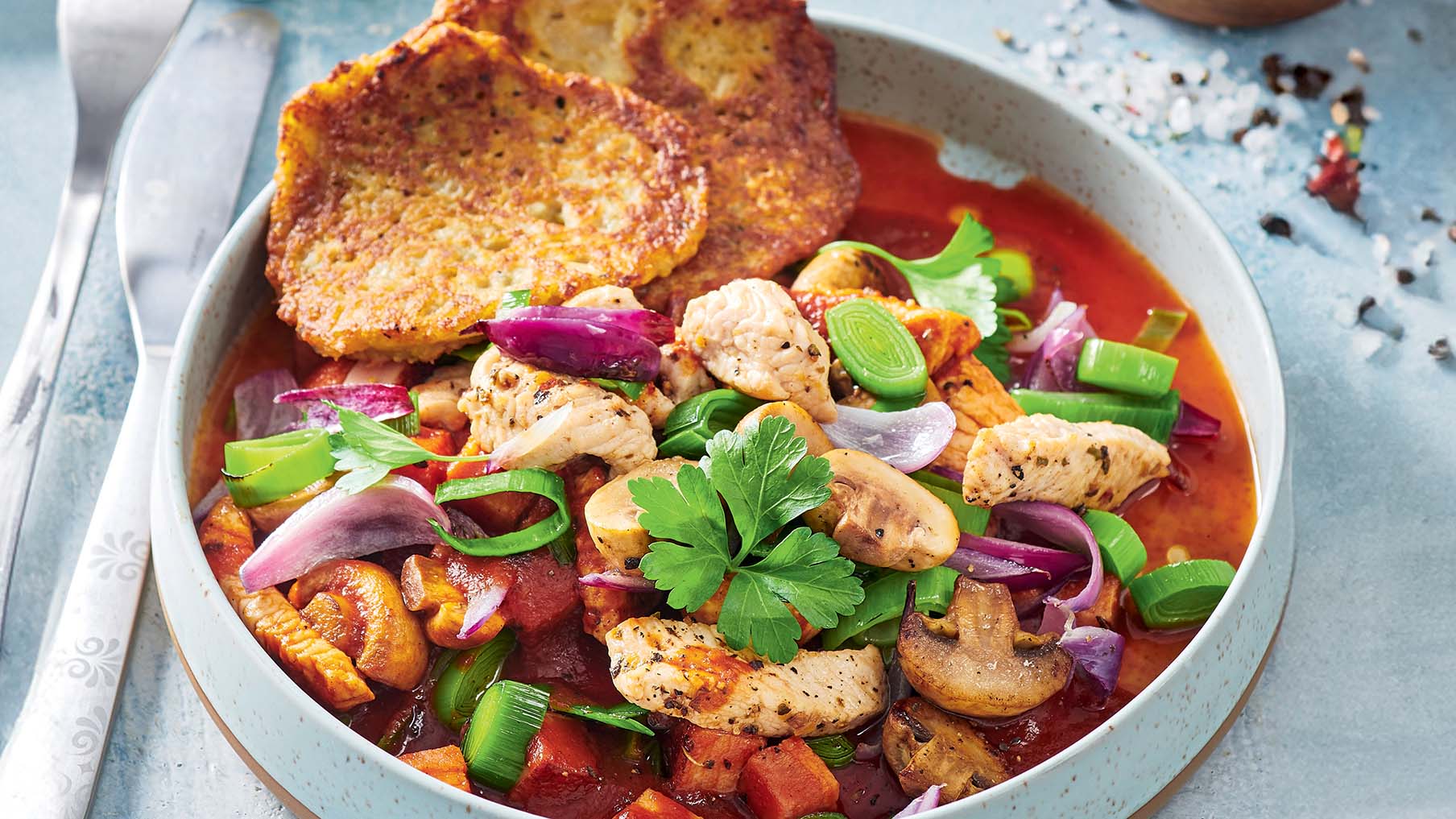Photo of a turkey stew with potato pancakes in a white bowl 