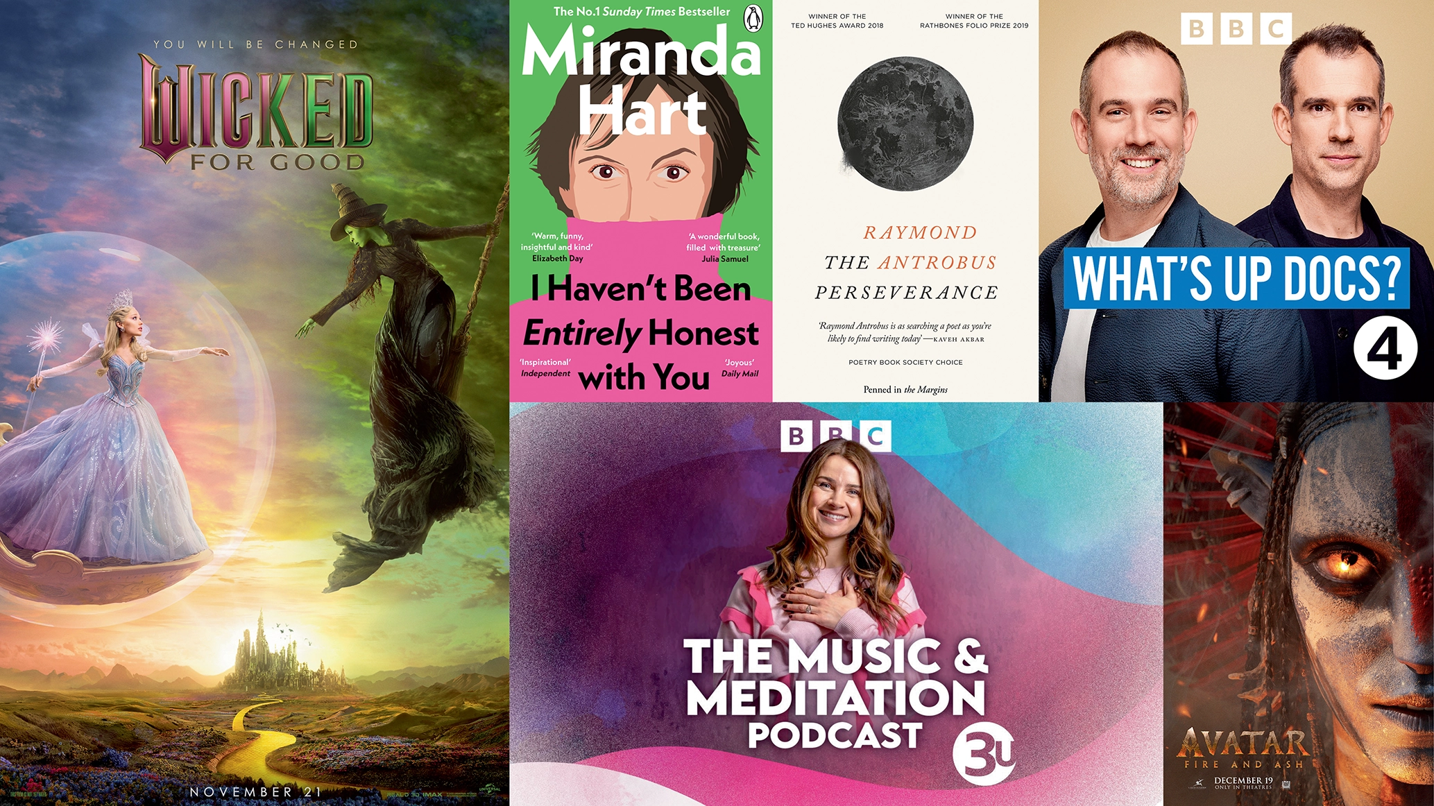 A collage of film artwork, podcast artwork and book covers.