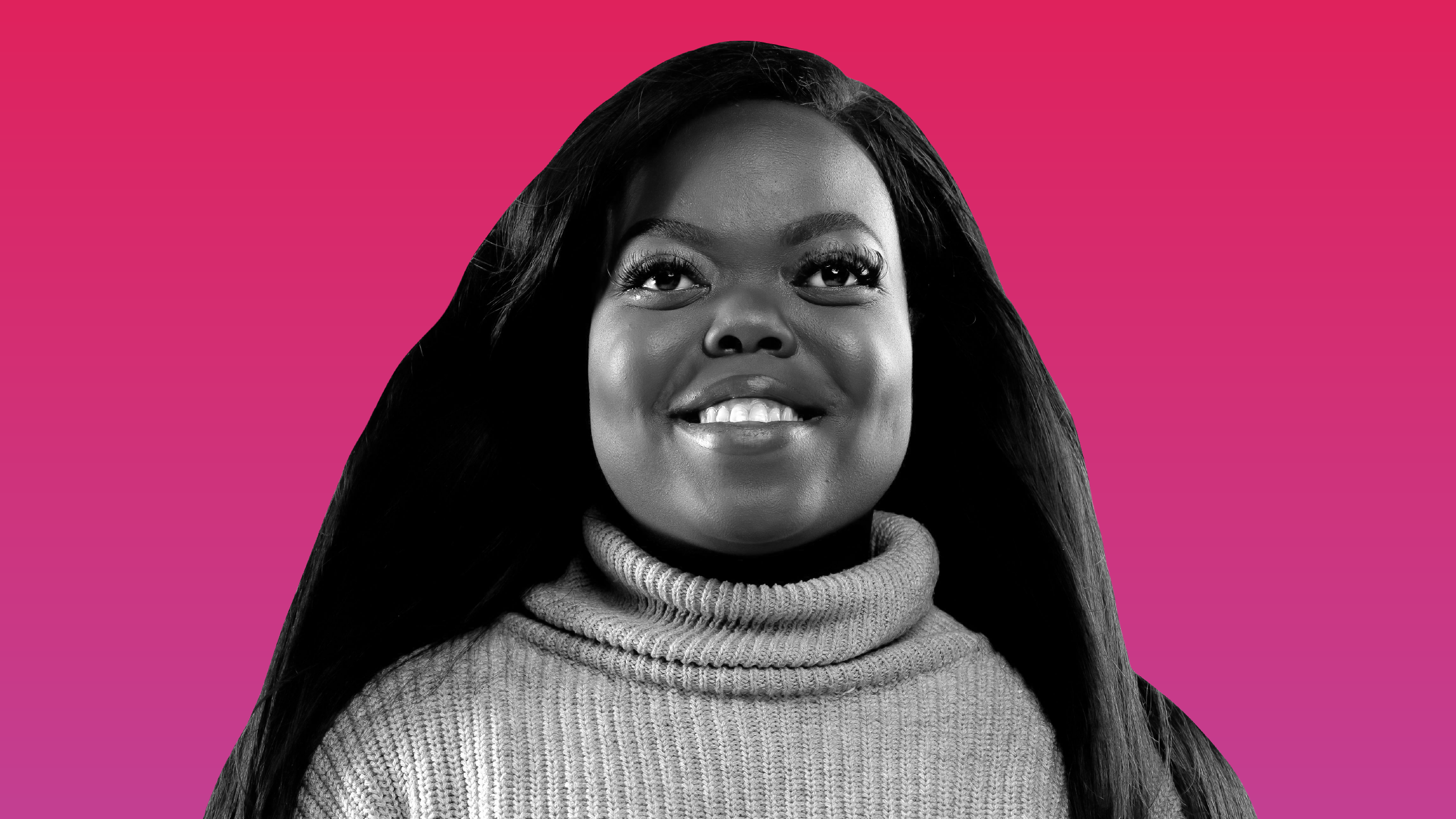 A grayscale portrait image over a pink background of Fats Timbo, a content creator who promoted education around disability
