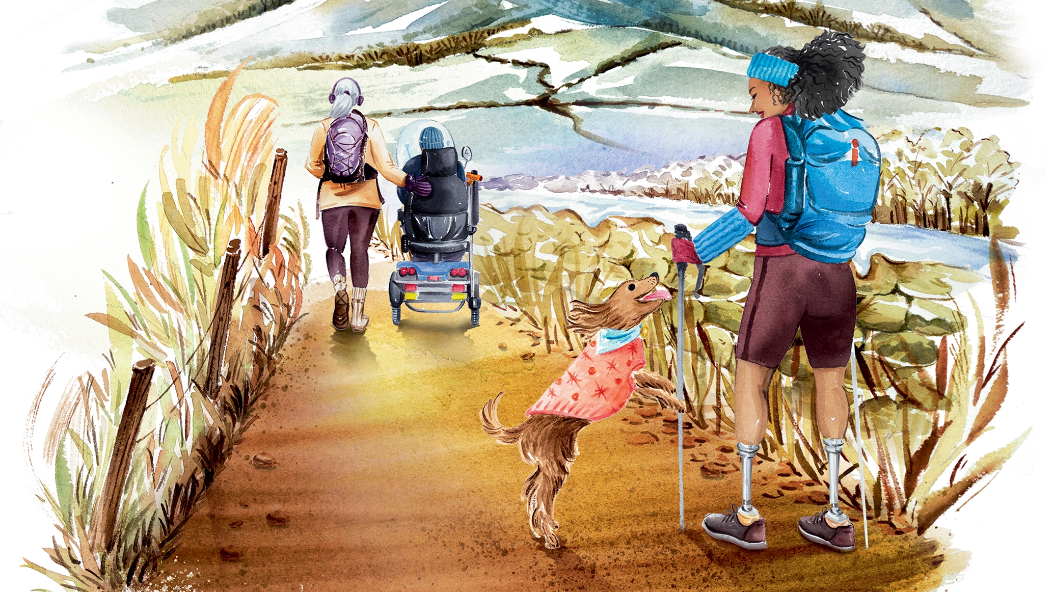 Illustration of thee people and a dog hiking in the winter 